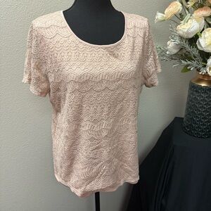 Calvin Klein Blush Lace Overlay Top | Elegant Short Sleeve Layered Blouse L